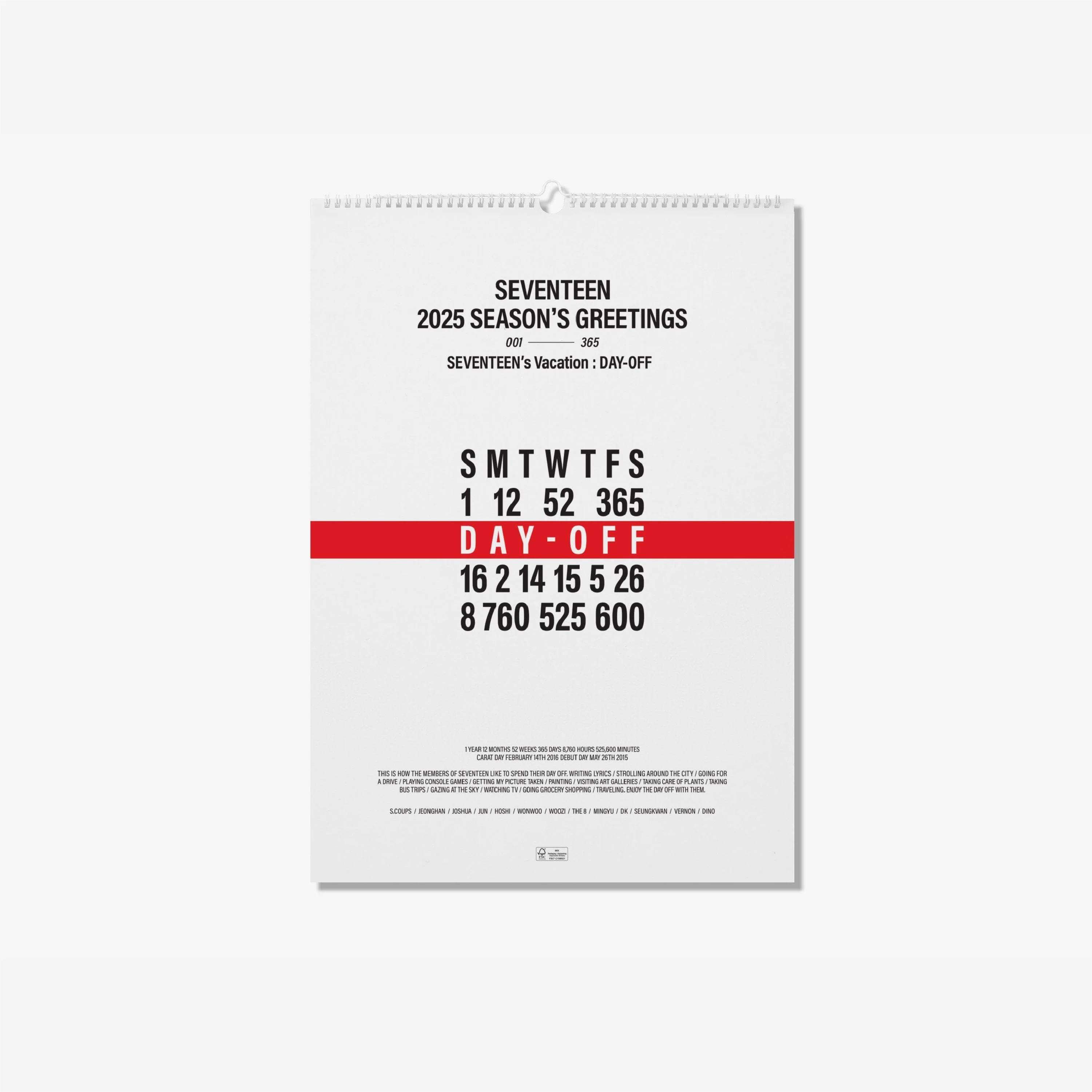 SEVENTEEN - 2025 WALL CALENDAR (SEVENTEEN'S VACATION : DAY-OFF)